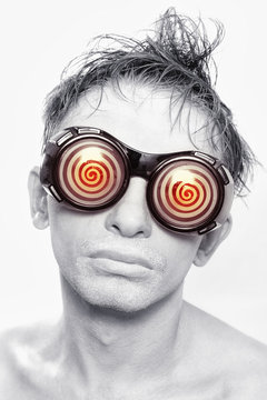 man with white skin in strange red glasses