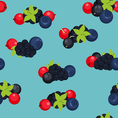 Berry seamless pattern. Blackberry, blueberry, red and black currant.