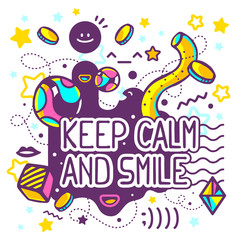 Obraz na płótnie Canvas Vector illustration of bright keep calm and smile quote on abstr