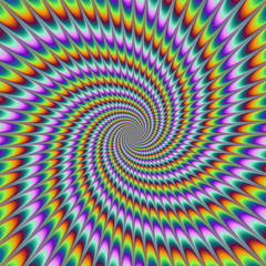 Dizzy Swirl / A digital abstract fractal image with an optically challenging swirl design in yellow, orange, blue, green, turquoise and violet.