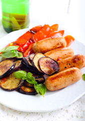 Roasted sausages, aubergine and  pepper