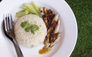 Hainanese chicken rice,rice steamed with chicken soup