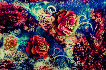 texture of print fabric striped leopard and flower for backgroun