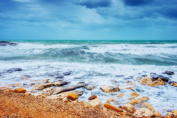 waves on the sea landscape on a background of blue sky