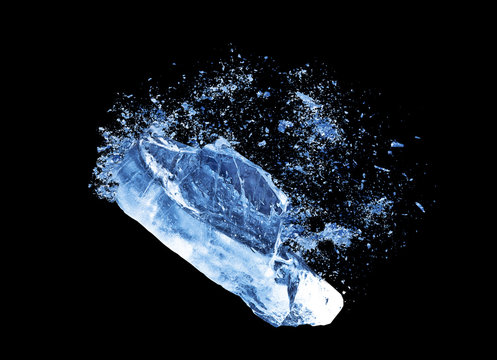 Ice crash explosion parts on black background
