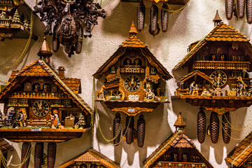 Clock. Vintage cuckoo clocks in shop, Bavaria, Munich, Germany