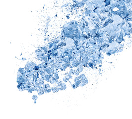 Abstract blue Ice crash explosion parts on white background. Collision, suspension crystal ice cubes damage.