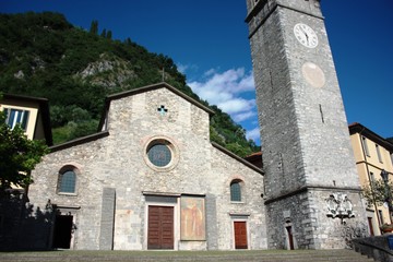 Varenna - Church of San Giorgio at Lake Como under blue sky, Italy