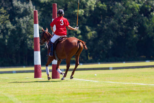 Polospieler mit der Nummer Drei an den Torstangen