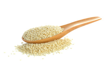 white sesame seeds in wooden wood on white background