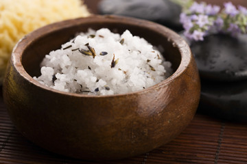 Homemade skin exfoliant (skin scrub) of sea salt, olive oil and