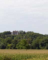 Fototapeta na wymiar Chateau on the Hill. A view across a field of corn of a chateau sitting proudly up on a hill in a prime position in amongst a wild set of trees. 