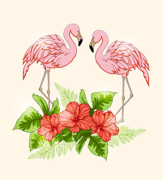 Background with flowers and pink flamingo