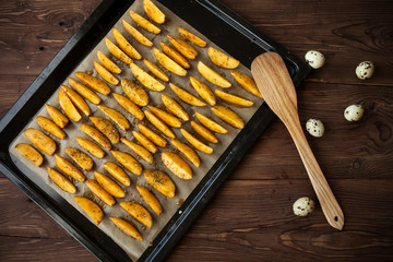 Homemade fried potato on plate on table