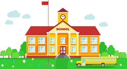 Panoramic background with school building and school bus in flat