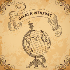Poster with vintage globe and ribbon. Retro hand drawn vector illustration 