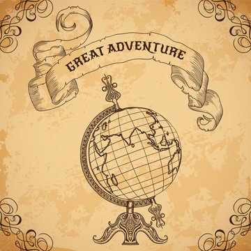 Poster With Vintage Globe And Ribbon. Retro Hand Drawn Vector Illustration 