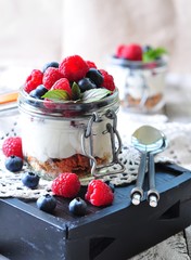 homemade granola with fresh yougurt, blueberries, raspberries, raisins and organic agave nectar. Healthy Breakfast