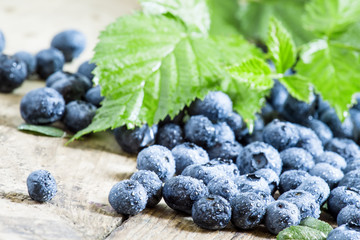 Fresh blueberries and green leaves on the old wooden background,