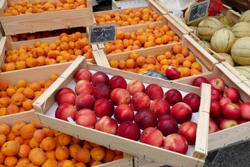 display of peaches and apricots in the market