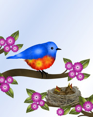 Bluebird and Baby Birds in Nest on Flowering Tree Branches