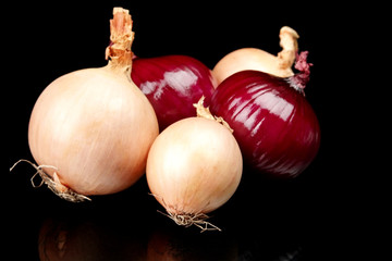 Onions and red onions isolated on black