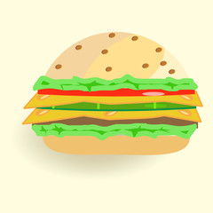 Hamburger with cheese, cucumber, tomato and greens
