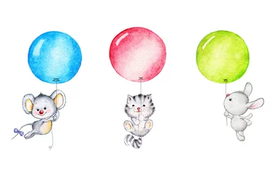 Glasschilderij Dieren met ballon Muis, katje en konijntje vliegen op ballonnen