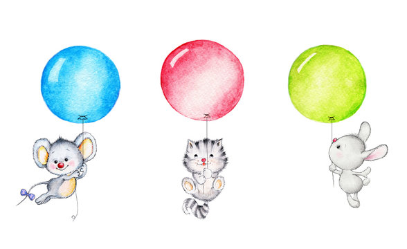 Mouse, kitten and bunny  flying on balloons
