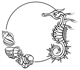 Round frame with seahorse and shells