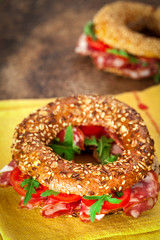 Bagel sandwich with pepperoni  