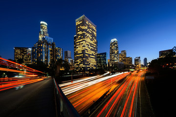 Los Angeles downtown after sunset with high traffic