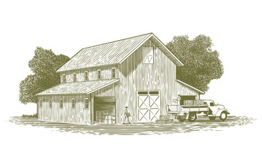 Woodcut Farm Work Scene