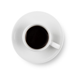 Black Coffee in White Cup on plate. Isolated