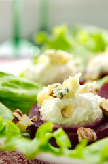 Beet Salad with goat cheese, walnuts, greens and herbs