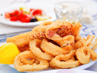 Fried squid in a greek restaurant