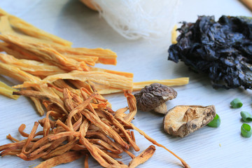cooking for soup, noodles, shiitake mushrooms, dried tofu