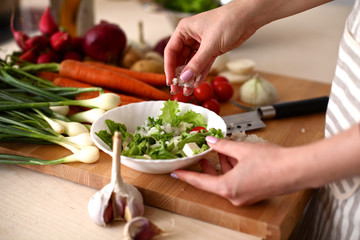 Cook's hands preparing vegetable salad - closeup shot