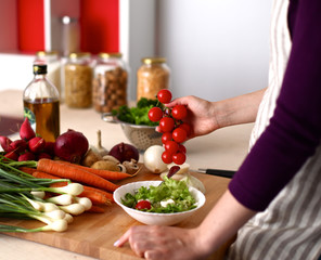 Cook's hands preparing vegetable salad - closeup shot