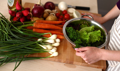 Cook's hands preparing vegetable salad - closeup shot