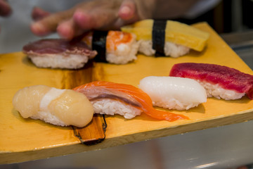  Sushi set on wood plant