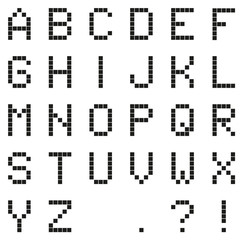 Black pixel alphabet (with punctuation) with grid