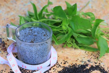 basil seeds for fiber beverage and tape measure