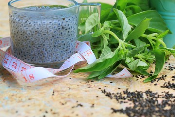 basil seeds for fiber beverage and tape measure