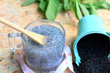 basil seeds for fiber beverage and tape measure