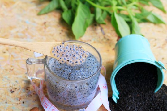 basil seeds for fiber beverage and tape measure