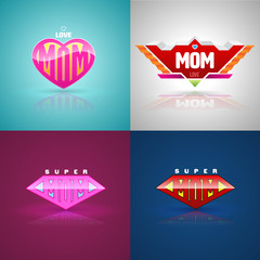 Funny super mom logo set. vector illustration. Can use for mother day greeting card.