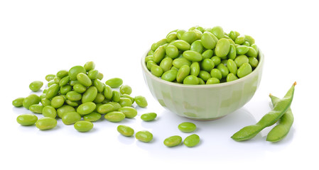 Edamame soy beans in  bowls on white background