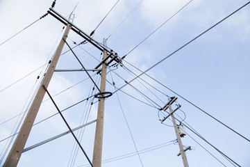 Powerlines against a background of the sky
