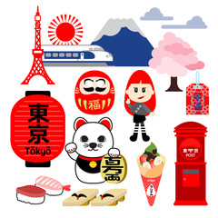 Fototapeta premium TOKYO Tokyo signatures such as place, icon, things, transportation and people are illustrated in easy and POP style.